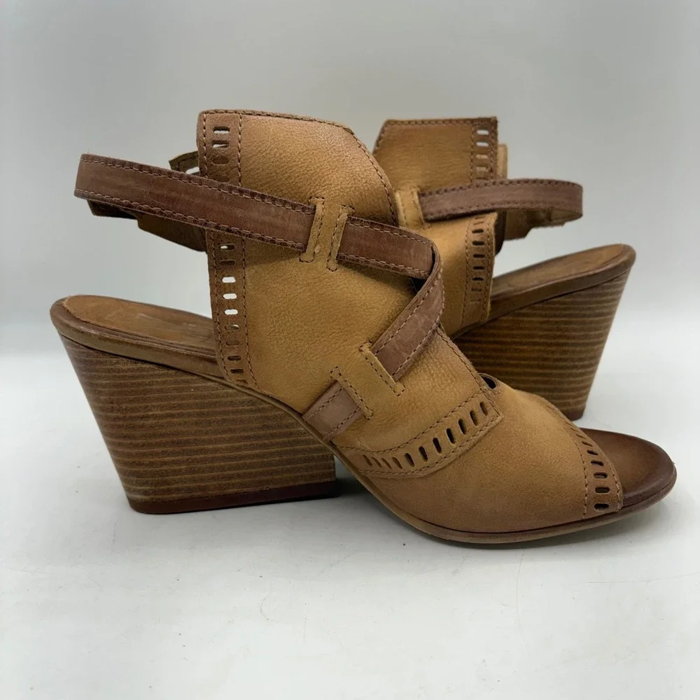 Miz Mooz Tan Leather Wedge Sandals Perforated Caged Strappy‎ Open Toe Shoes 40